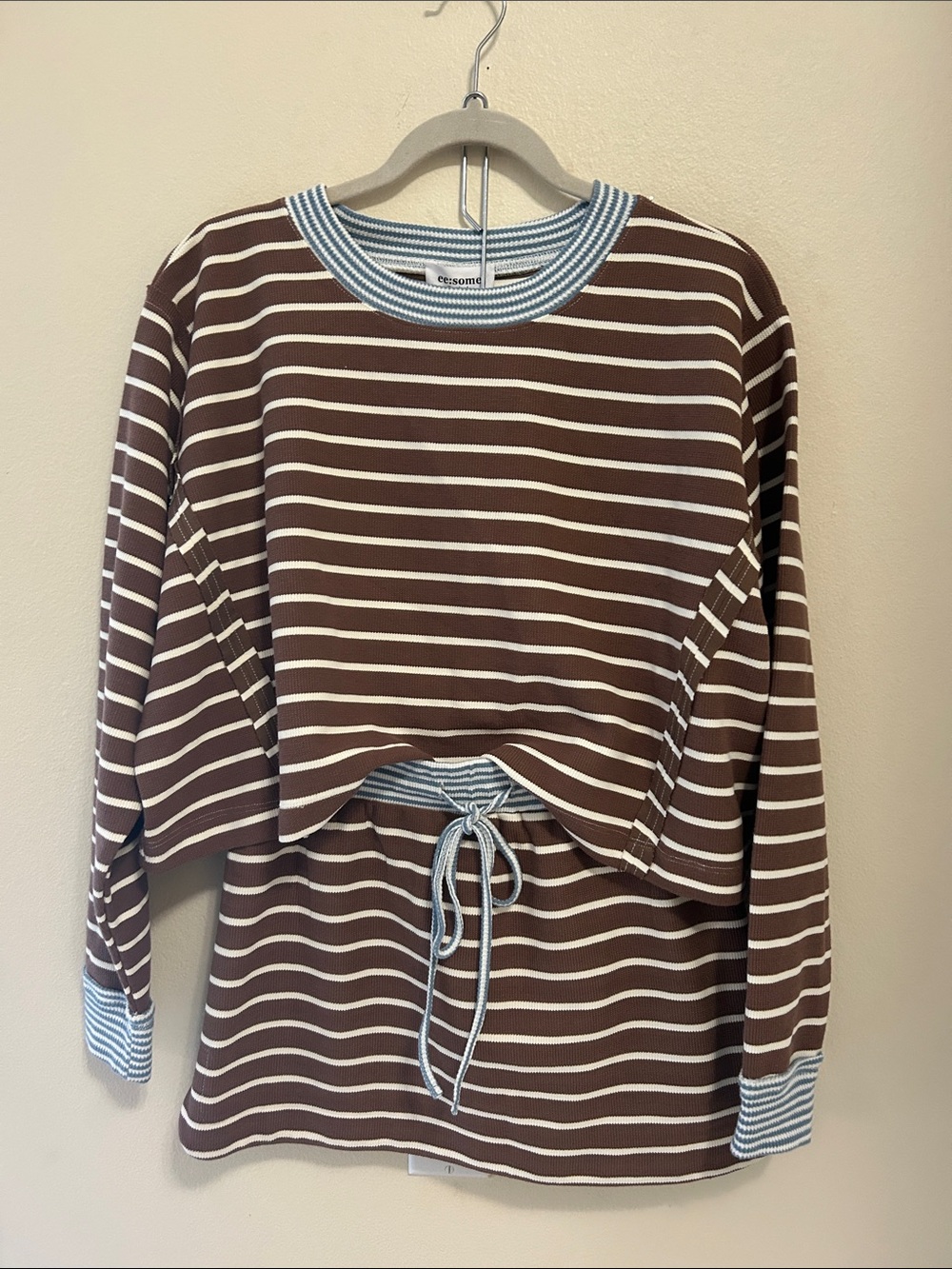 Eesome Los Angeles Striped Drawstring Two-Piece set Brown & White with blue trim